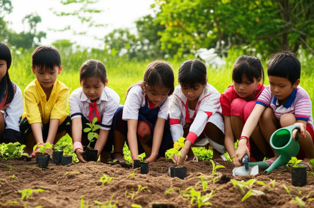 School children planting trees in Vietnam