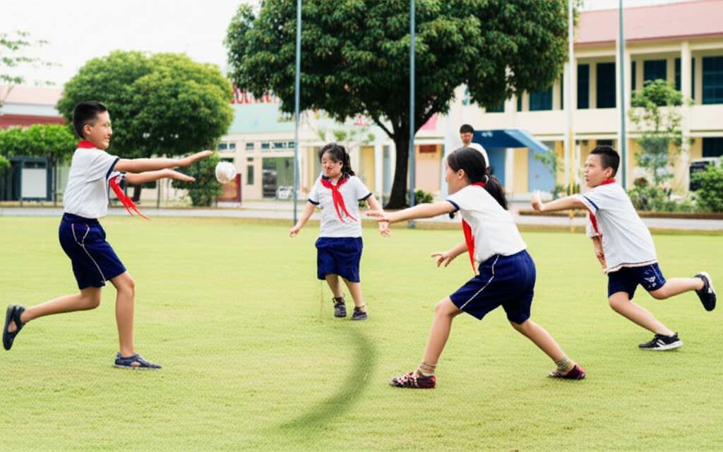 Vietnamese elementary school students playing happily